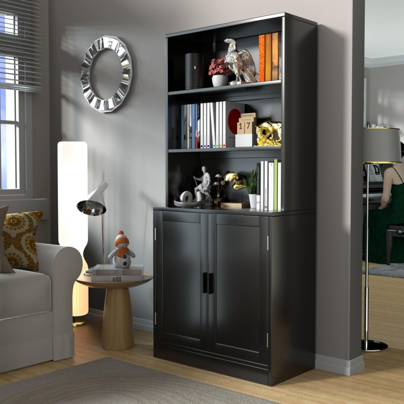 Transitional Matte Black Bookcase with Slim Door Pulls