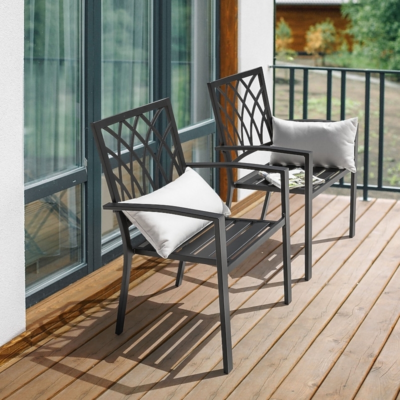 Transitional Metal Patio Dining Chairs with Lattice Back and Integrated Arms