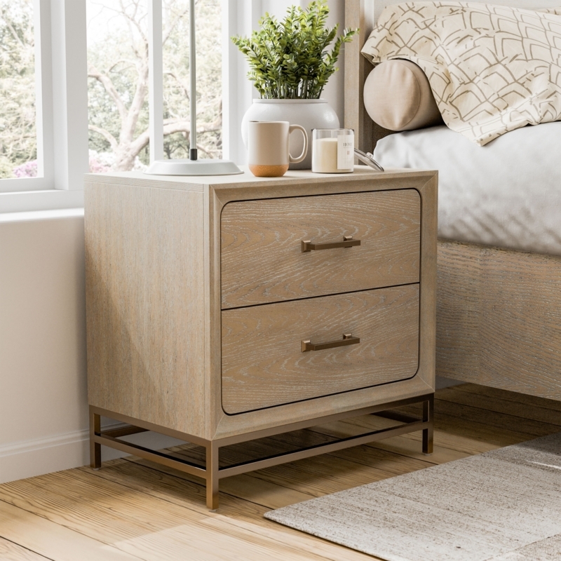 Transitional Oak Nightstand Antique Gold Sled Base Rounded Frame