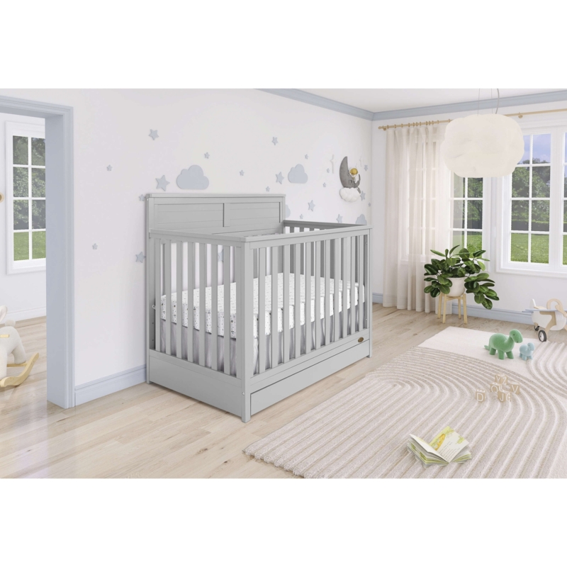 Transitional Pebble Grey Crib with Paneled Headboard and Storage