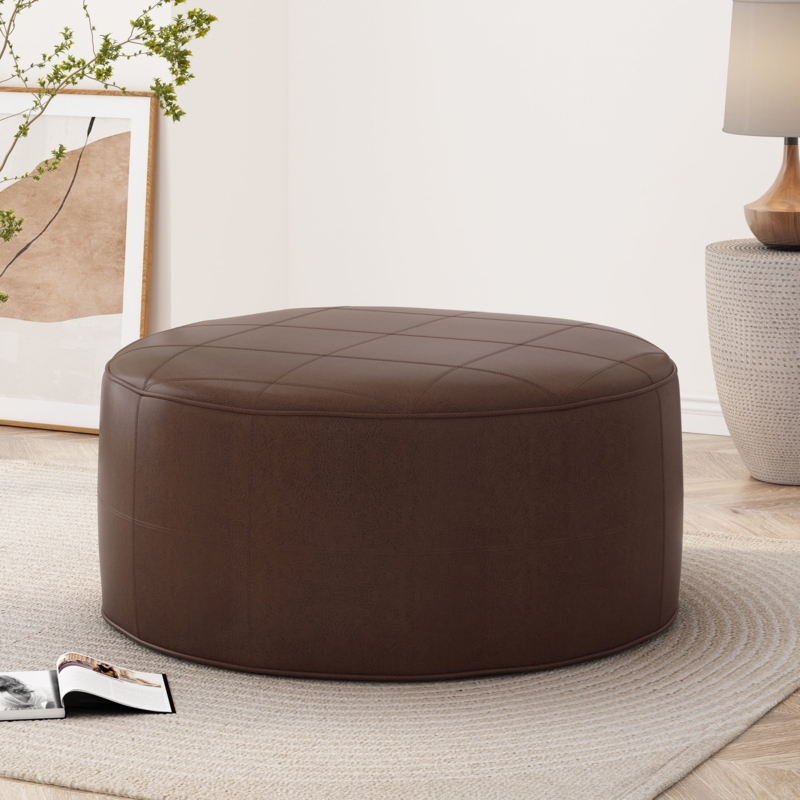 Transitional Round Ottoman Dark Brown Leather Quilted Drum Shape