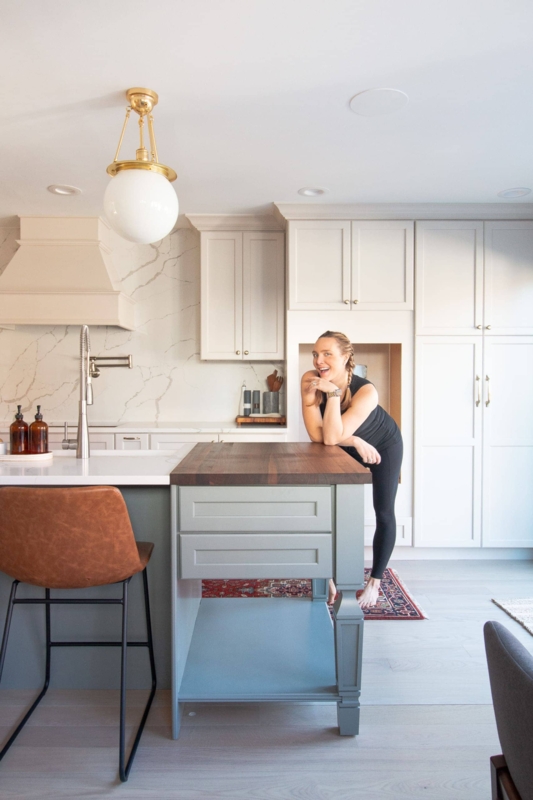 Transitional Sage Green Island with Walnut Butcher Block Extension