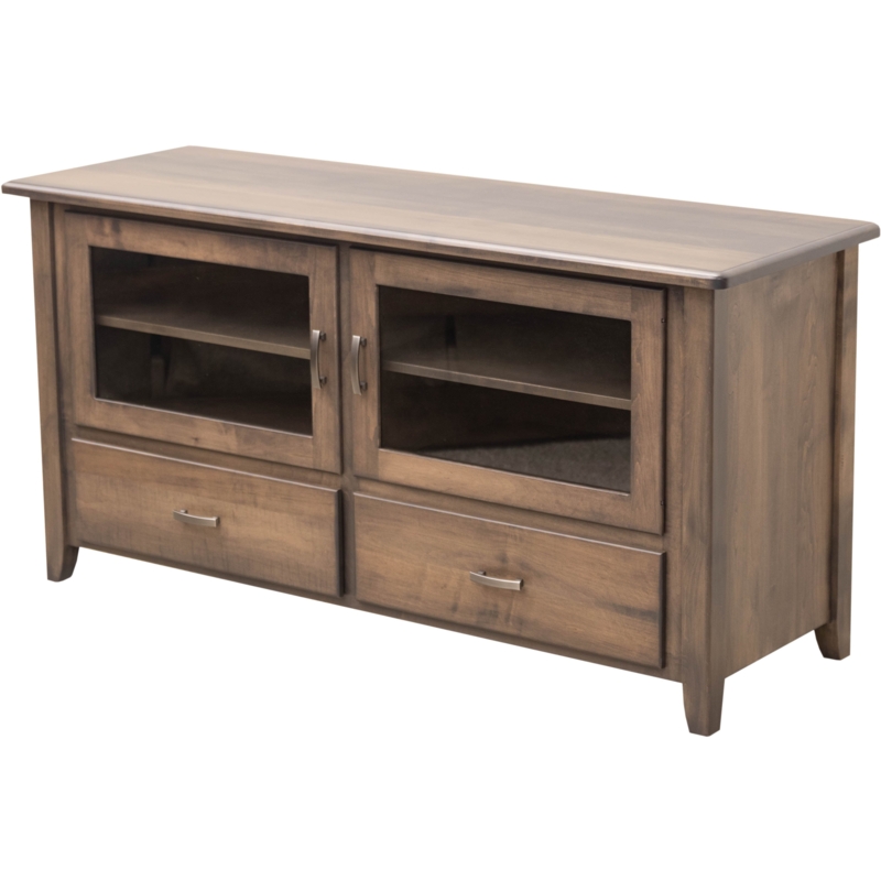 Transitional TV Console Maple Wood Sandy Point Finish Glass Doors