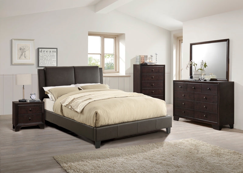 Transitional Upholstered Bed Frame: Chocolate Brown Two Panel Design
