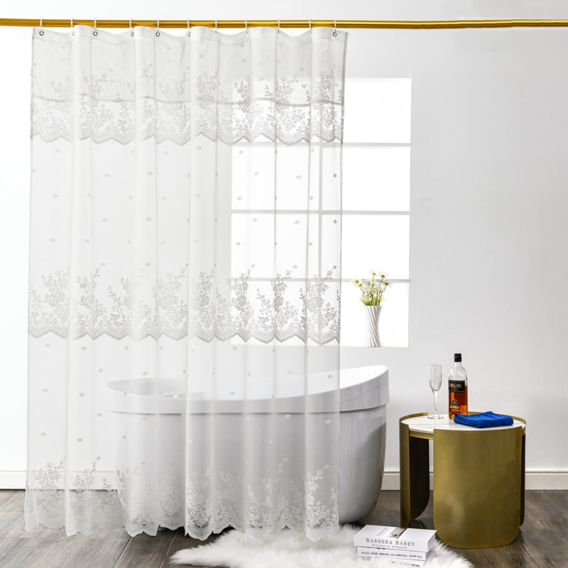 Translucent Lace Shower Curtain Bright White Floral Tiered Design Sheer