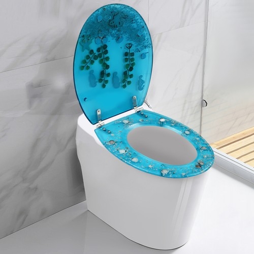 Translucent Toilet Lid: Cerulean Resin with Aquatic Inclusions.