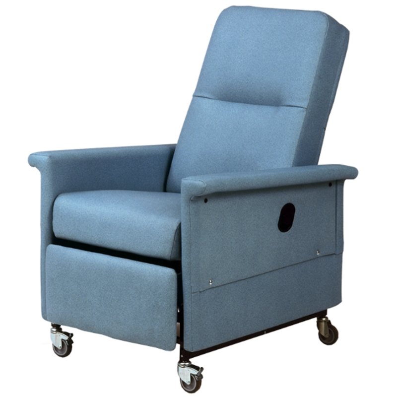 Transport Medical Recliner, Side Cutout Handle, Denim Blue, Locking Casters.
