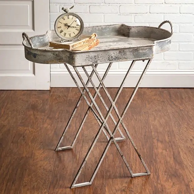 Tray Stand Galvanized Metal Folding Farmhouse Scalloped Rope Handles