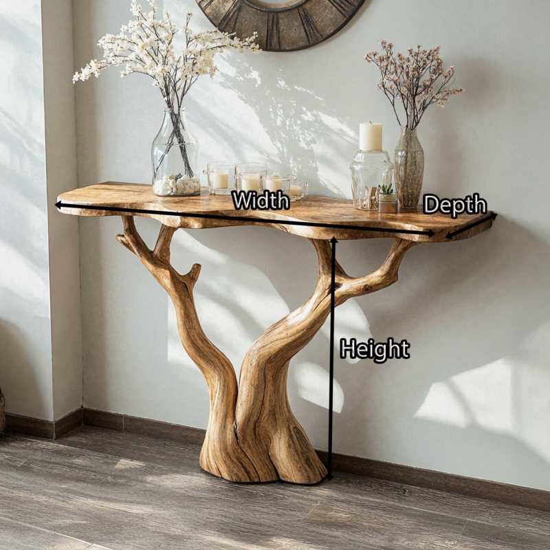 Tree Branch Console Table with Live Edge Top and Organic Modern Style