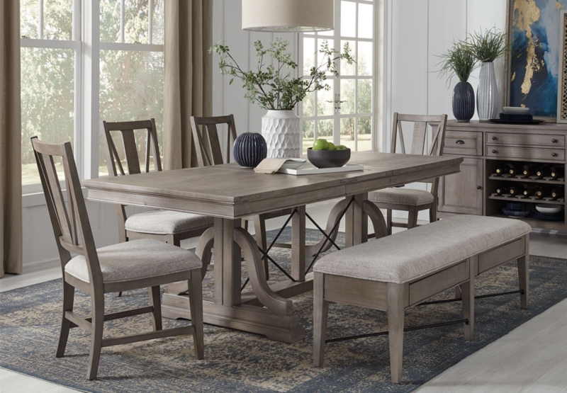 Trestle Dining Set: Pewter Grey Wash, X-Bracing, Slatted Back Chairs