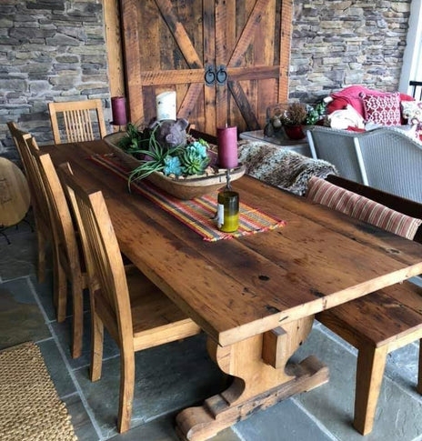 Trestle Dining Table Rustic Reclaimed Look Warm Honey with Bench