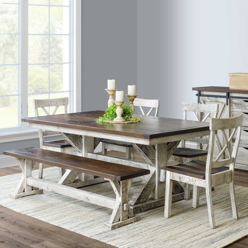 Trestle Dining Table Set Distressed Whitewash X-Back Chairs Bench