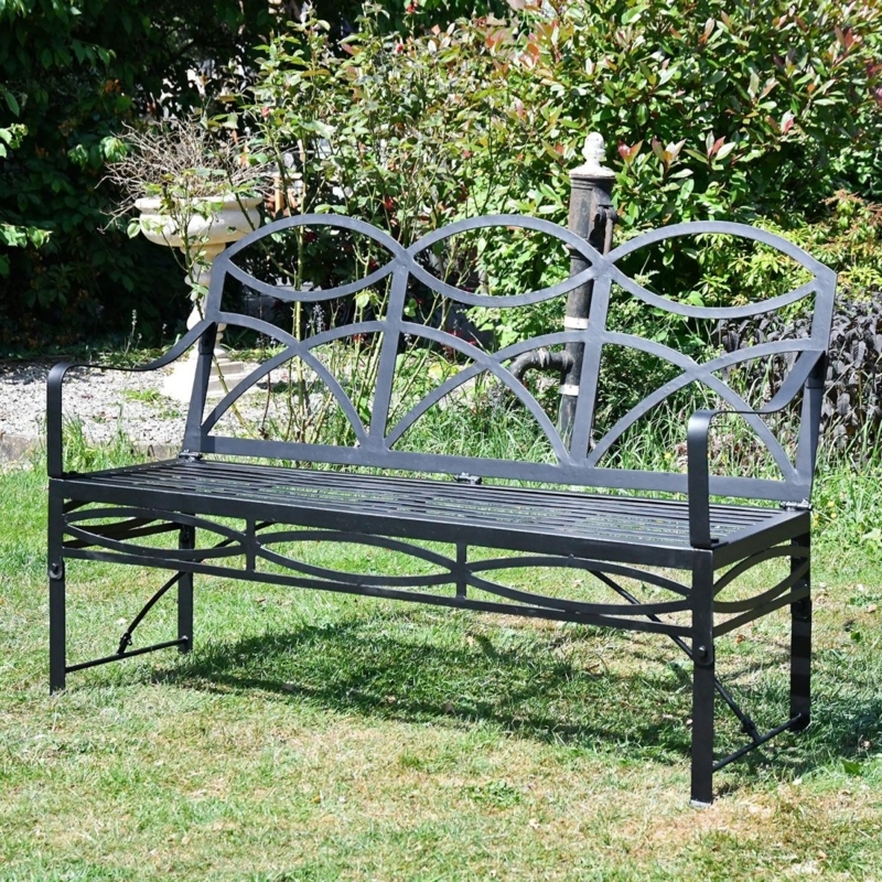 Triple Arched Garden Bench Matte Black Fan Motif Back