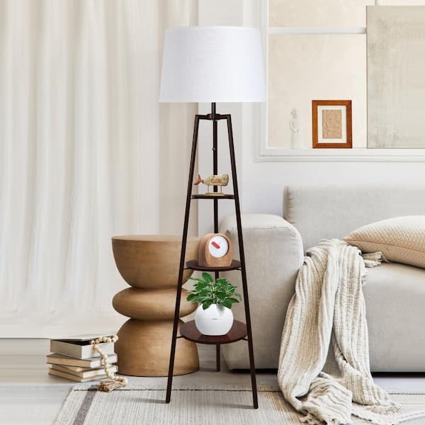 Tripod Floor Lamp with Linen Texture Shade, Matte Black, Tiered Shelves