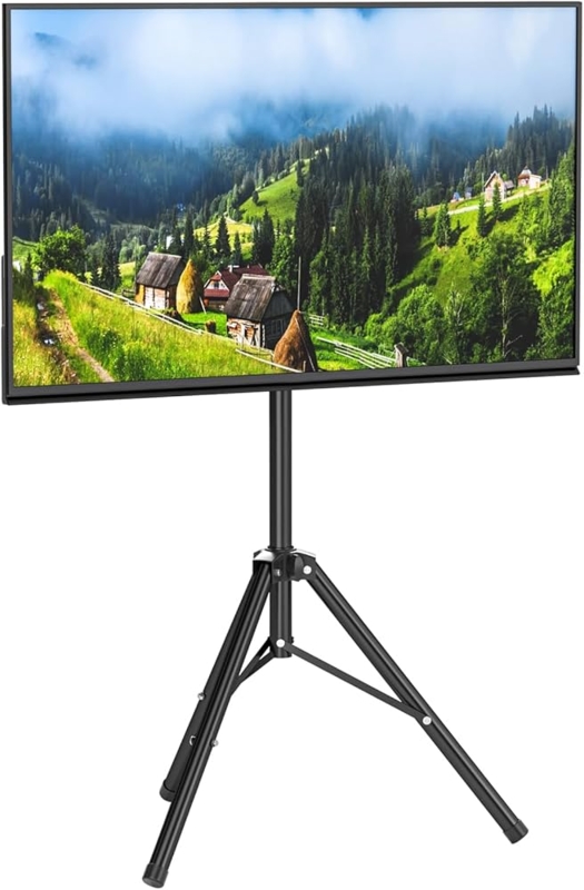 Tripod TV Stand: Height Adjustable, Portable Design, Tilt Mount.