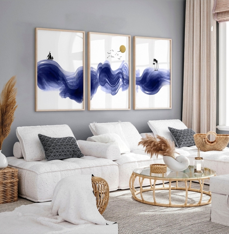 Triptych Wall Art Abstract Blue Waves Thin Wood Frames Modern Coastal