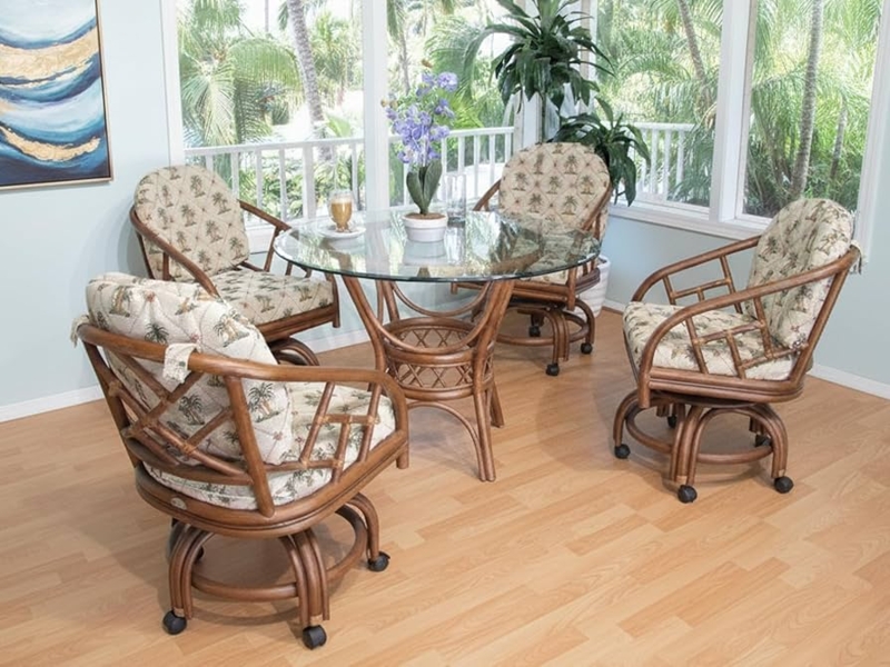 Tropical Dining Set Rattan Swivel Caster Palm Print Glass Table