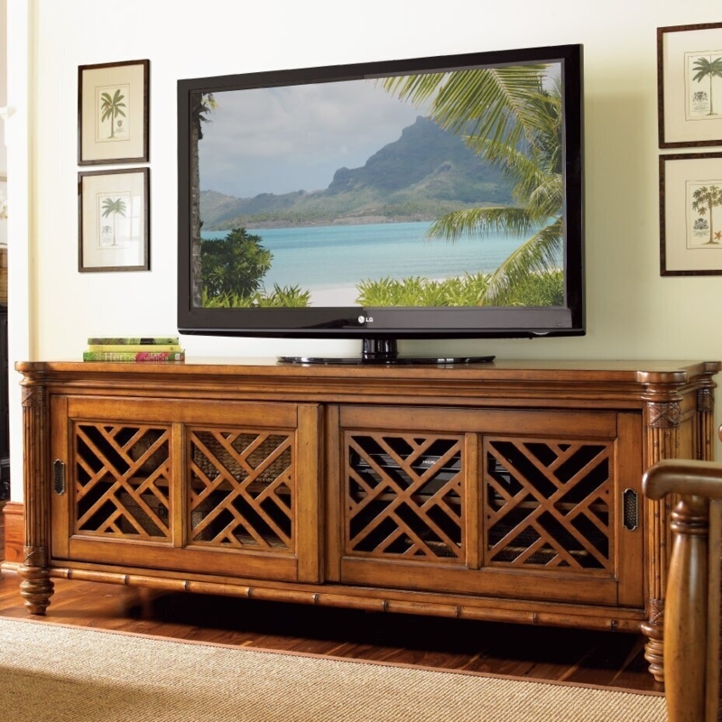 Tropical TV Stand Fretwork Sliding Doors Bamboo Carved Pillars