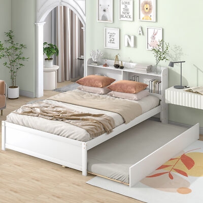 Trundle Bed Matte White Scandinavian Style with Pull Out Trundle