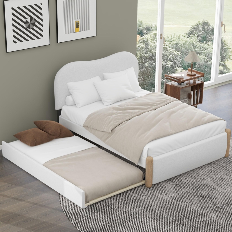 Trundle Bed with Arched Bouclé Headboard in Warm White