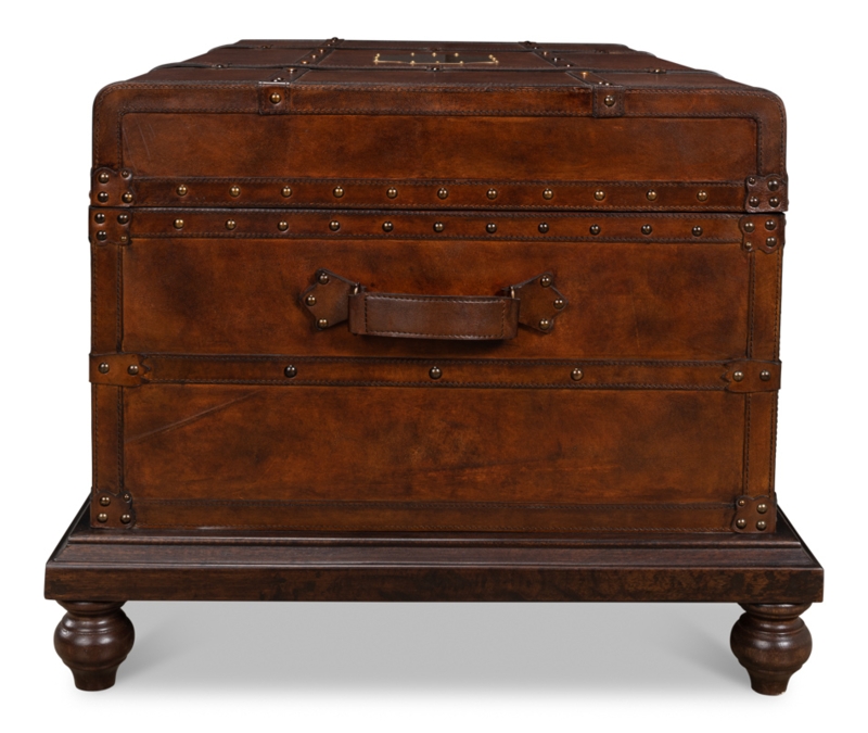 Trunk Coffee Table Turned Bun Feet Leather Straps Cognac Brass Studs
