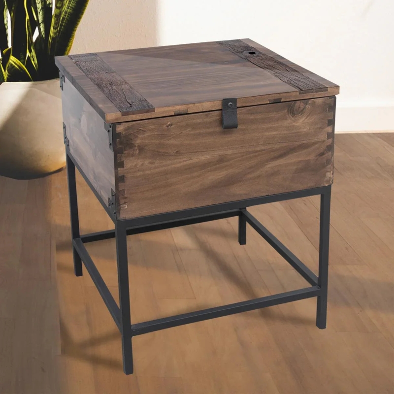 Trunk End Table Finger Joint Corners Metal Frame Base Walnut Wood