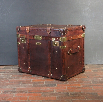 Trunk Side Table Brass Rivets Leather Side Handles Mahogany English