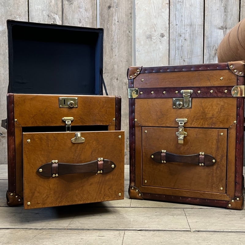 Trunk Side Table Pair Tan Leather Brass Studding Strap Handles Vintage