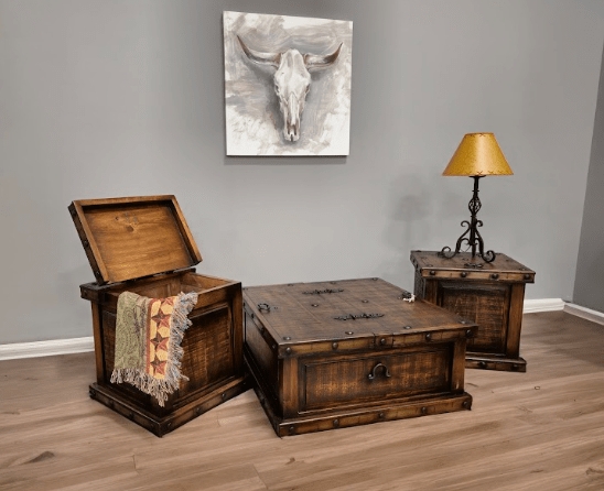 Trunk Table Set Rustic Hacienda Southwestern Style Metal Studs Walnut