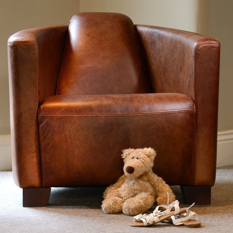Tub Armchair Cognac Distressed Patina Wrap Around Arms Block Legs