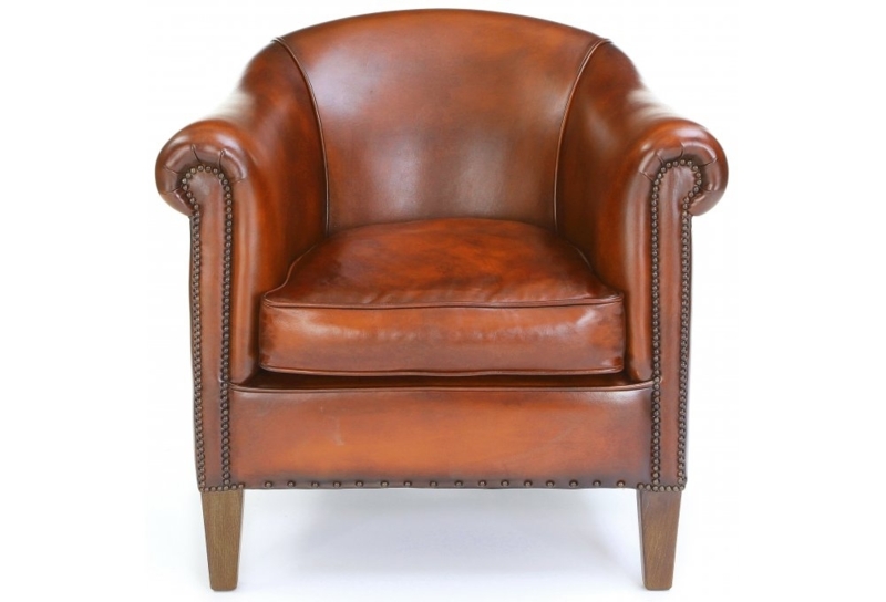 Tub Chair Antique Leather Rolled Arms Nailhead Detail Warm Brown