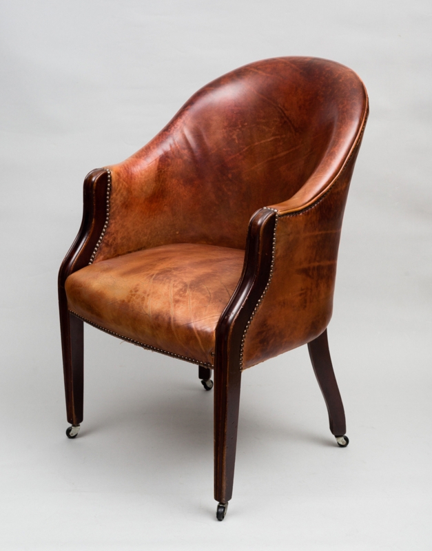 Tub Chair Antique Mahogany Leather Edwardian Style with Casters