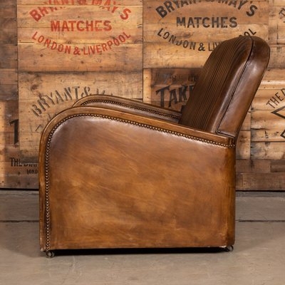 Tub Chair Art Deco Aged Patina Leather Ribbed Back Metal Casters