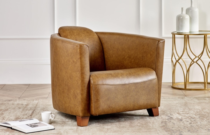 Tub Chair Caramel Distressed Finish Tapered Legs Barrel Frame