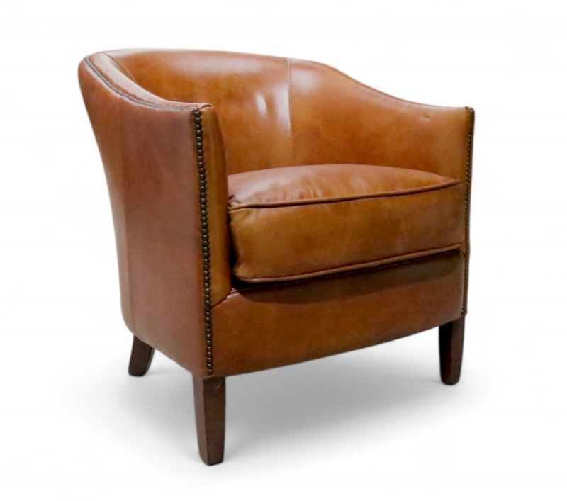 Tub Chair Distressed Tan Leather Nailhead Trim Curved Barrel Back