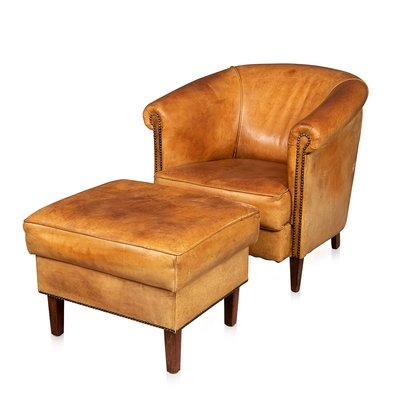 Tub Chair Set Cognac Distressed Leather with Matching Footstool