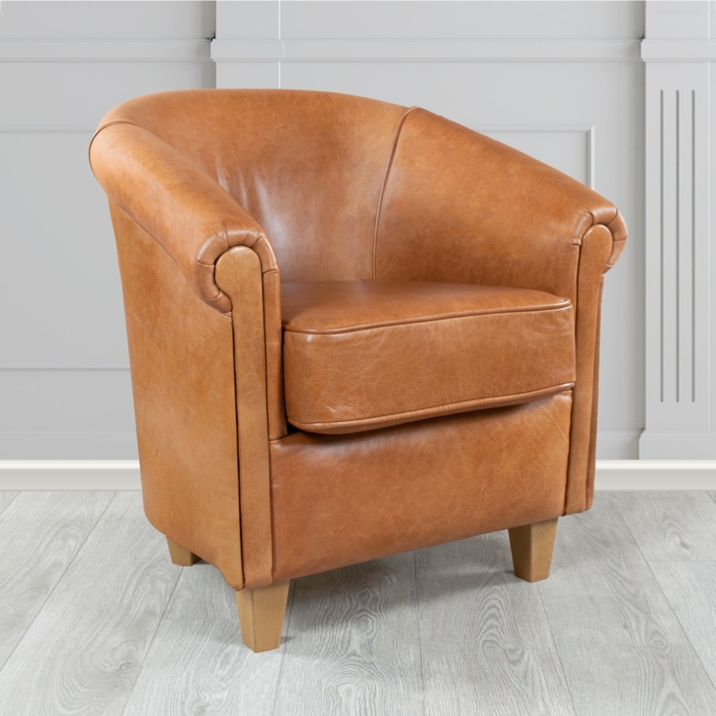 Tub Chair Tan Genuine Leather Distressed Rolled Arms Piped Seams