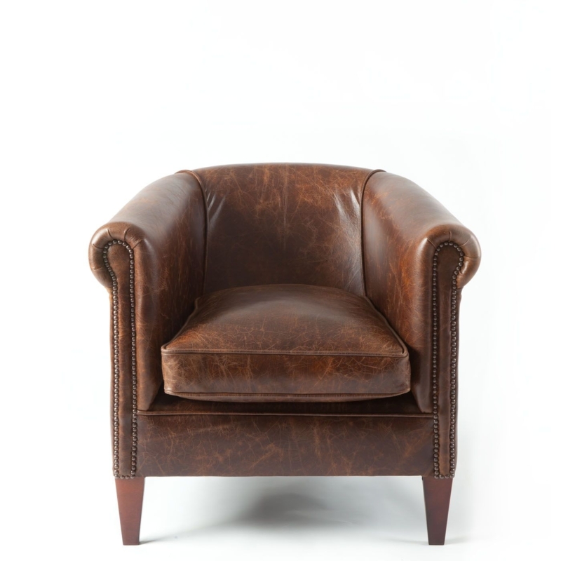 Tub Chair Tobacco Brown Distressed Leather Rolled Arms Nailhead Trim