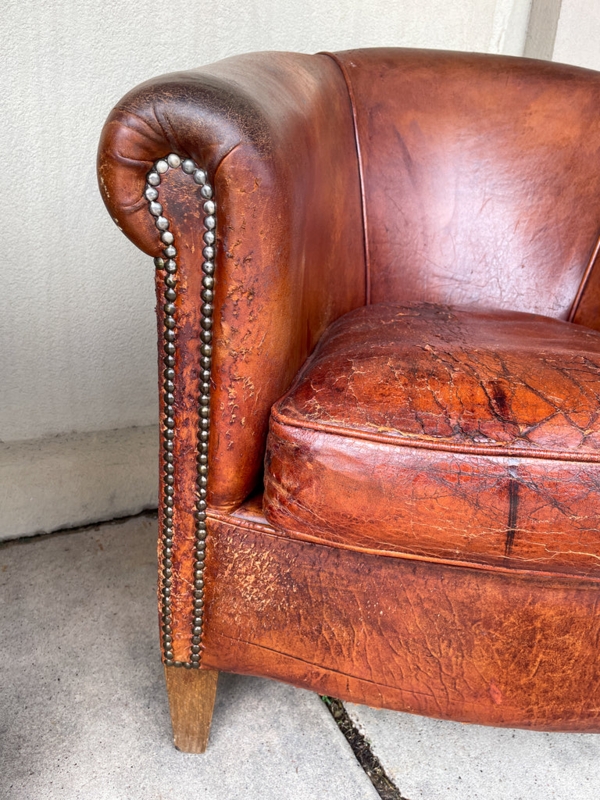 Tub Chair Vintage European Heavily Distressed Russet Brass Trim