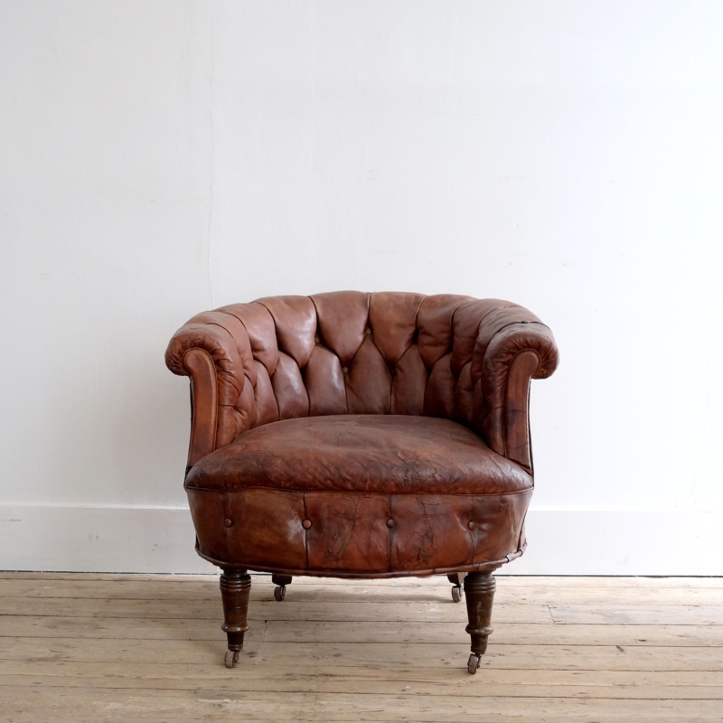 Tub Chair Worn Patina Antique Cognac Leather Scrolled Arms Tufted