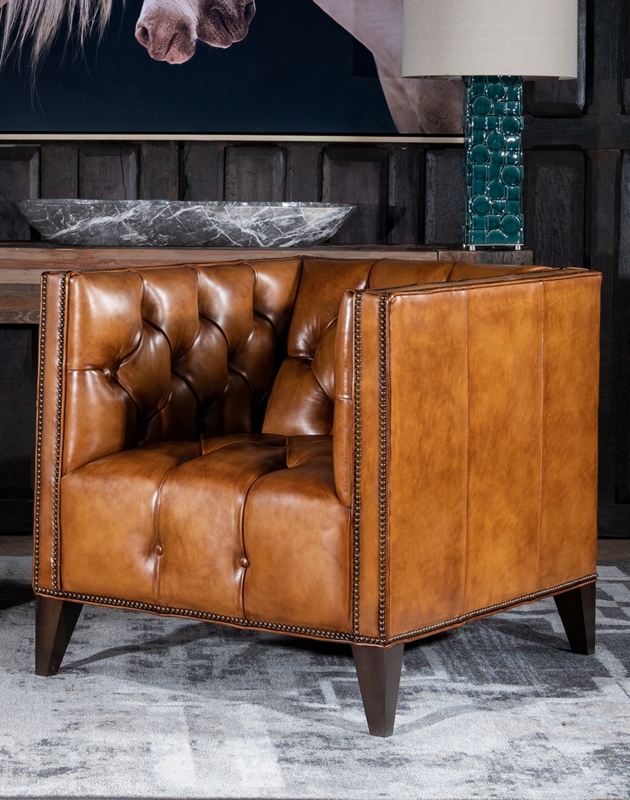 Tufted Accent Chair Cognac Tuxedo Arm Nailhead Trim Rustic Style