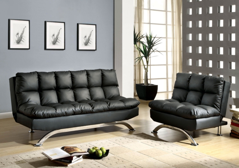 Tufted Black Futon Sofa with Box Quilting, Curved Legs, Armless Design