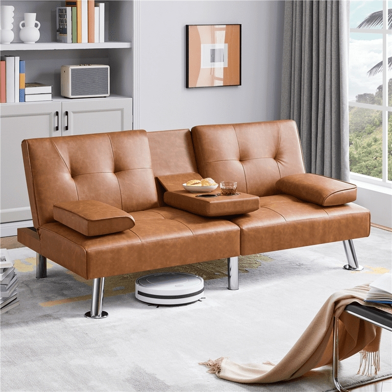 Tufted Convertible Futon with Cup Holder Console and Removable Armrests