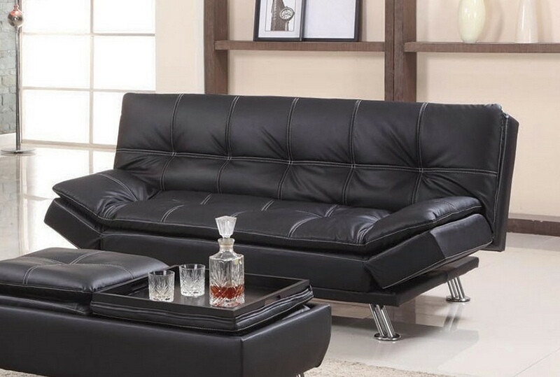Tufted Futon Sofa Bed with Accented Stitching and Polished Metal Legs