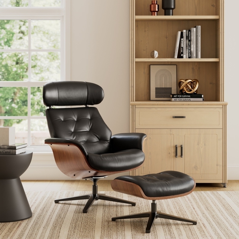 Tufted Leather Swivel Chair with Curved Wood Shell and Ottoman
