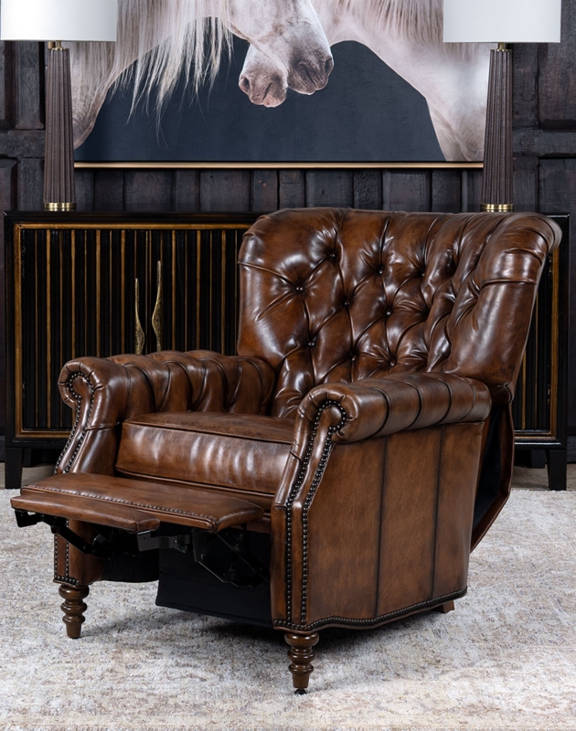 Tufted Leather Wingback Recliner in Chestnut Brown with Nailhead Trim