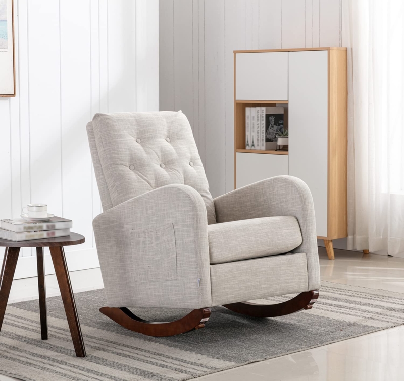 Tufted Rocking Chair with Walnut-Toned Base and Gray Upholstery