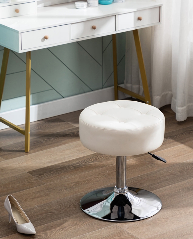Tufted Round Vanity Stool Polished Chrome Pedestal Off-White