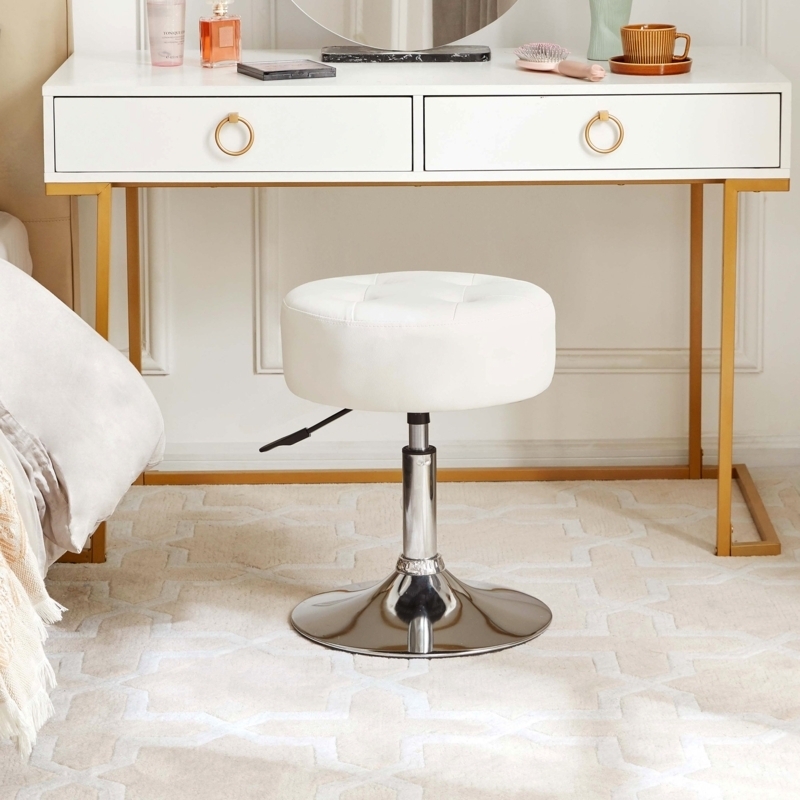 Tufted Seat Vanity Stool Trumpet Base Polished Chrome Crisp White