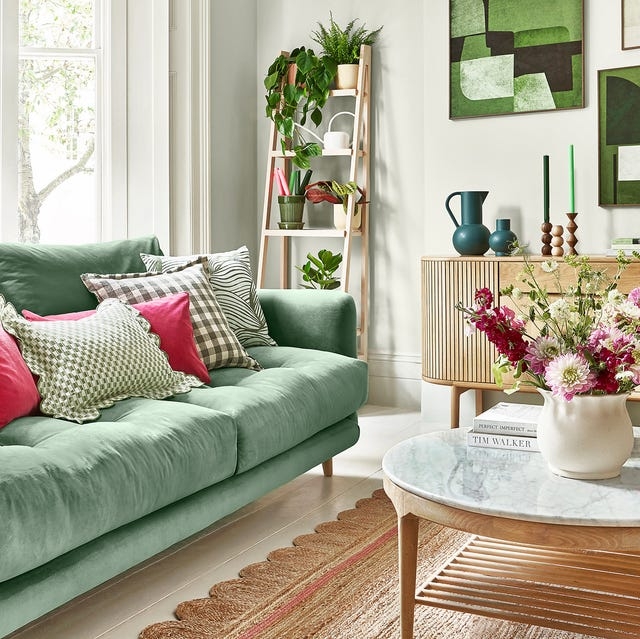 Tufted Sofa Sage Green Scandi Boho Decor Slatted Wood Accents